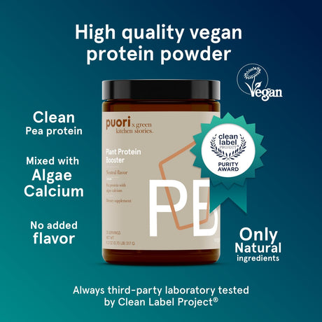 Puori Vegan Plant Protein Enhancer Powder - 25 Servings - Neutral Flavor Pea Protein with Algae Calcium for Essential Amino Acids - Dairy-Free, Vegetarian, Non GMO