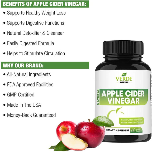 Verde Nutrition Apple Cider Vinegar Capsules 60 Potent 500Mg Colon Cleanser| Non-Gmo, Tasteless Appetite Suppressant | Natural Detox Cleanse for Weight Loss Pills, Digestive, Immune & Energy Boosting