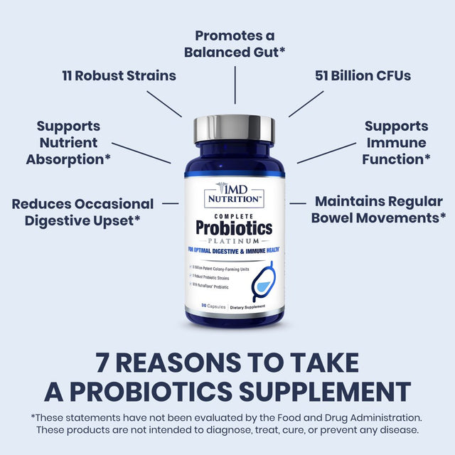 1MD Nutrition Complete Probiotics Platinum | Supports Digestive Health | with Nourishing Prebiotics, 51 Billion Live CFU, 11 Strains, Dairy-Free | 30 Vegetable Capsules