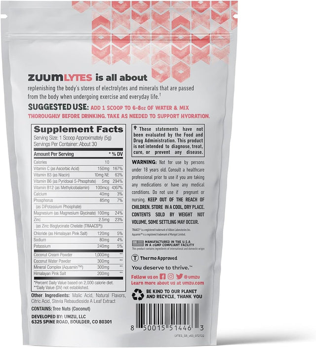 UMZU ZUUM Lytes - Electrolyte Drink Powder, Energy, Hydration, Workout Recovery Support, B Vitamins, Vitamin C, Zinc, Strawberry Banana Flavor (1 Scoop per Serving, 30 Servings)