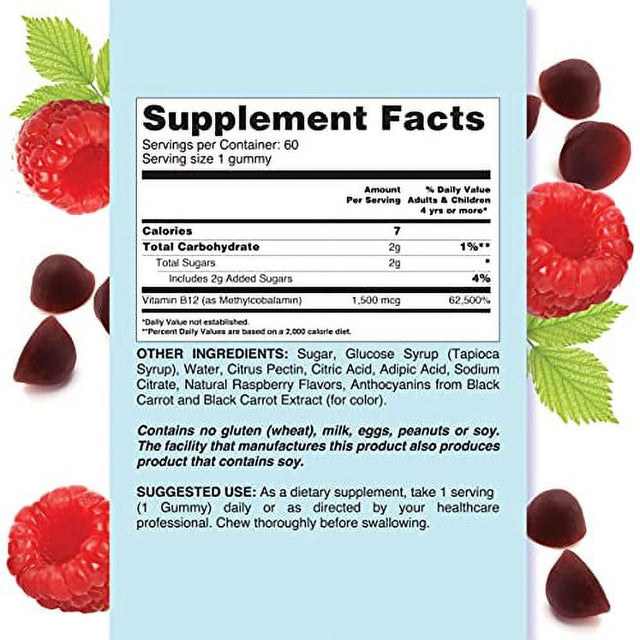 LIVS Vitamin B-12 Gummies, Raspberry Flavor, 1,500Mcg, 60 Count, Daily Supplement.