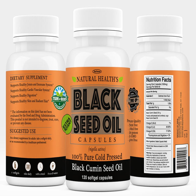 Pure Black Seed Oil Capsules 1000Mg per Serving - 120 Capsules - Supplement Pills to Support Healthy Blood Sugar, Blood Pressure, Cholesterol, Healthy Skin, Hair, and Nail, Cold Pressed, Non GMO