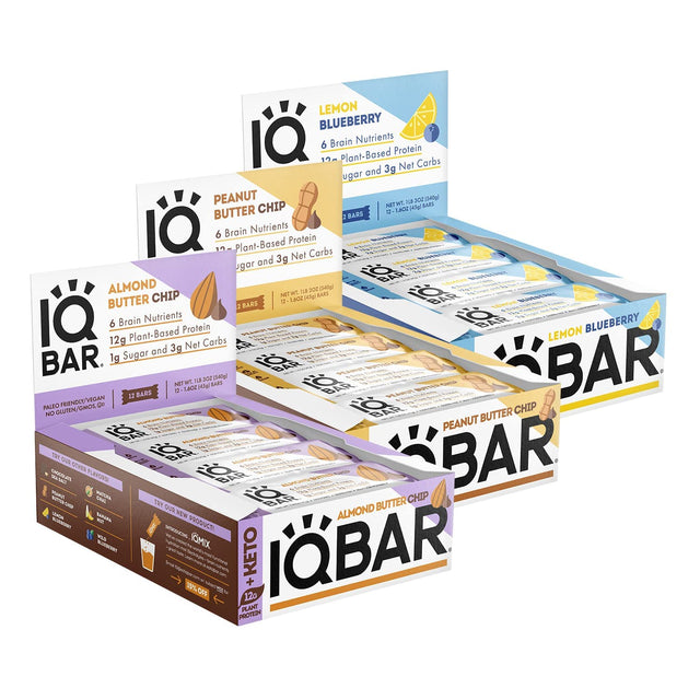 IQBAR Brain and Body Keto Protein Bars 12-Count Almond Butter Chip, Peanut Butter Chip & Lemon Blueberry Keto Bars - Low Carb Protein Bars, High-Fiber Vegan Bars, Low Sugar Meal Replacement Bars