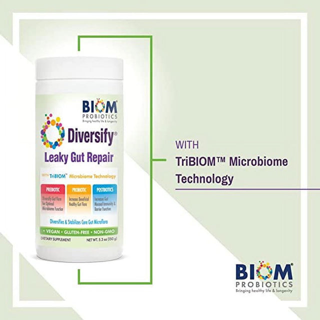 Biom Probiotics Diversify Total Gut Health Human Milk Oligosaccharides Supplement with Prebiotics, Probiotics and Postbiotics, 5.3 Oz Net Weight