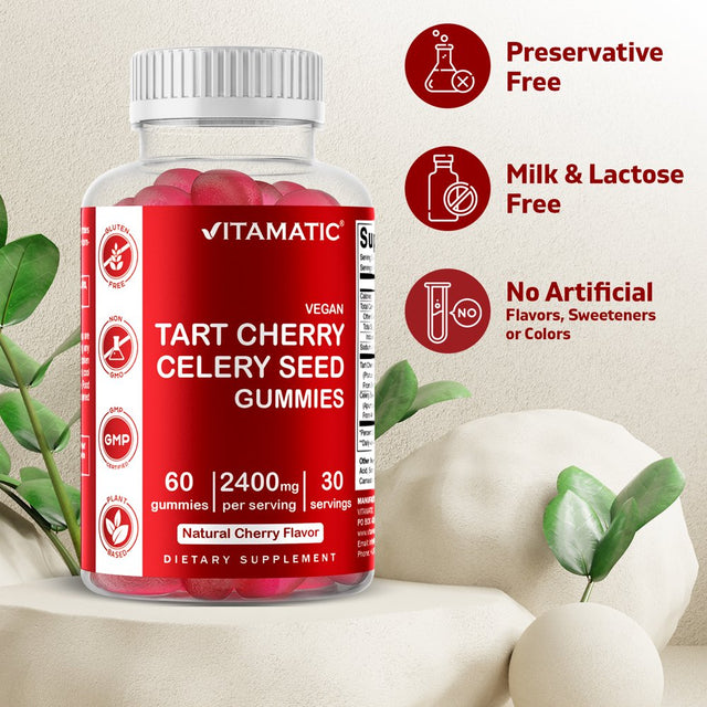 Vitamatic Tart Cherry with Celery Seed Gummies - 2400 Mg Serving - Powerful Uric Acid Cleanse for Joint Comfort, Healthy Sleep Cycles & Muscle Recovery