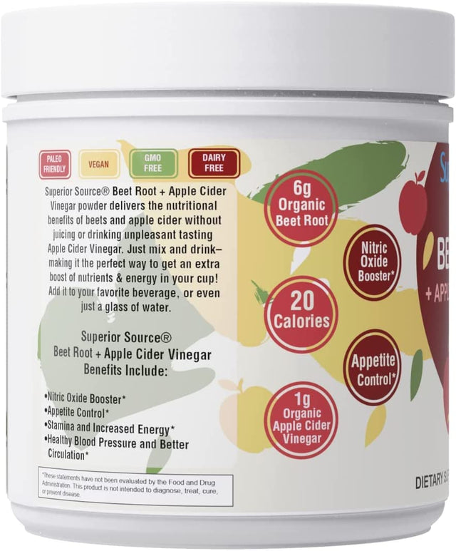 Superior Source Organic Beet Root + Organic Apple Cider Vinegar Powder, 30 (7 G) Servings, Nitric Oxide Booster, Energy, May Support Heart Health, Immunity & Detox, Non-Gmo