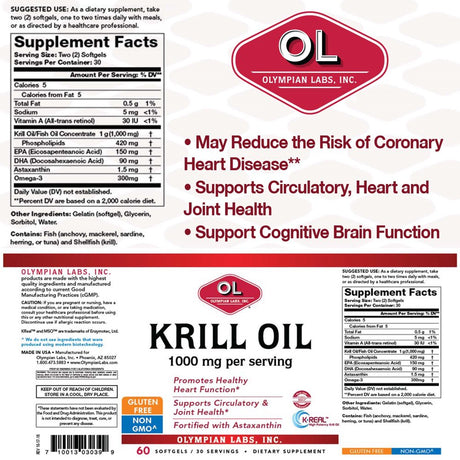 Olympian Labs Krill Oil Softgels, 1000 Mg, 60 Ct