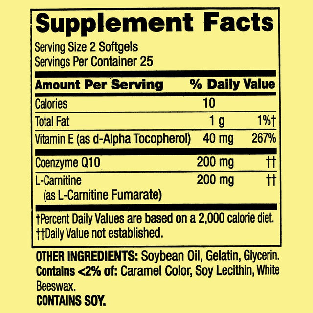 Spring Valley Coq10 plus L-Carnitine Heart Health Dietary Supplement Softgels, 100 Mg, 50 Count