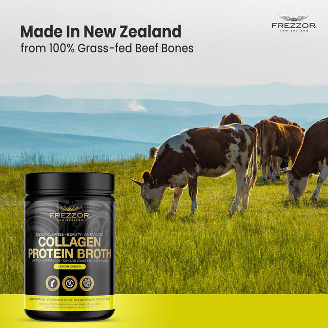 FREZZOR 100% Grass-Fed Collagen Protein Bone Broth, New Zealand Bovine Collagen Peptides Type I II III V VI VIII IX, Joint Pain, Anti-Aging, Weight-Loss, Improves Digestion, Lemon Ginger Flavor