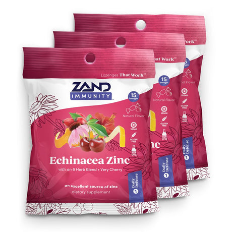 Zand Immunity Cherry Echinacea Zinc Herbalozenge Throat Drops | No Corn Syrup or Cane Sugar (3 Bags, 15 Lozenges)