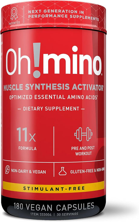 Oh!Mino Amino Acids Supplement, Ultimate Muscle Synthesis Activator, Pre and Post Workout Vitamins for Body Conditioning and Muscle Recovery, 180 Vegan Muscle Builder Capsules - Oh!Nutrition