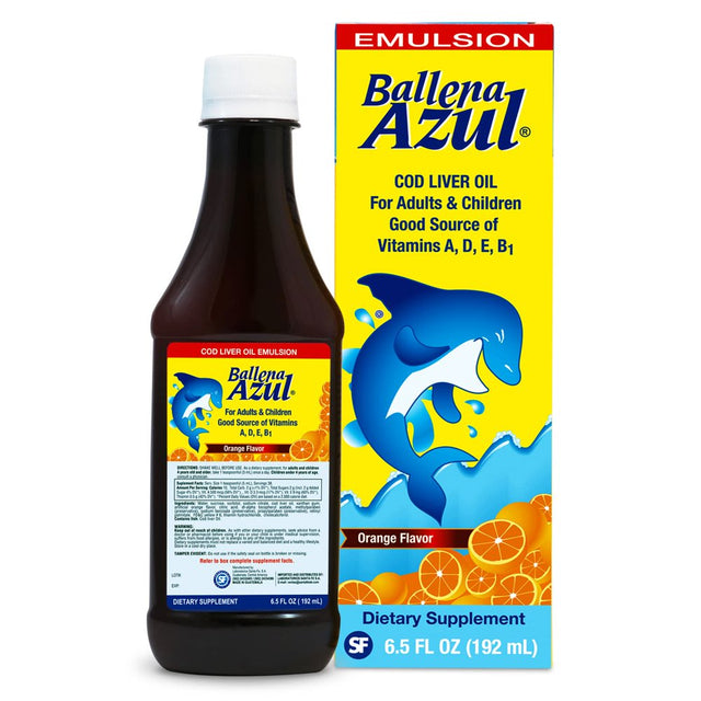 Ballena Azul Aceite De Hígado De Bacalao Para Adultos Y Niños, COD Liver Oil for Adults and Children, Good Source of Vitamins A,D,E, B1, Dietary Supplement, Omega 3, Inmune System Boost (Orange)