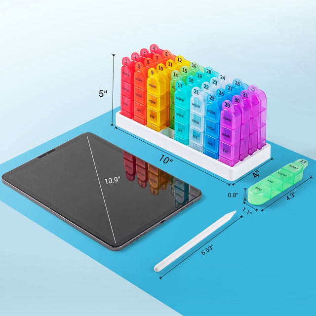 Zoksi Monthly Pill Organizer 4 Times a Day, One Month Pill Box, 30 Day Rainbow Pill Case for Elderly, Daily Medcine Container for Vitamins, Supplement & Medication