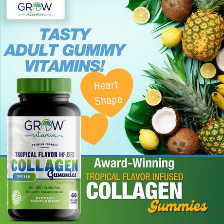 Collagen Gummies for Women, Healthy Hair, Skin, Nails, Bone Loss, Anti-Aging Support, Type 1 and 3, 10,000 Mcg (Highest Potency), Gelatin-Free, Non-Gmo, Made in USA by Grow Vitamin , 60 Gummies