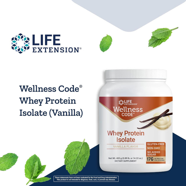 Life Extension Wellness Code Whey Protein Isolate – Vanilla Protein Powder for Muscle Growth & Immune Health - Fitness Supplements - Gluten-Free, Non-Gmo, Sugar Free – 14.22 Oz (20 Servings)