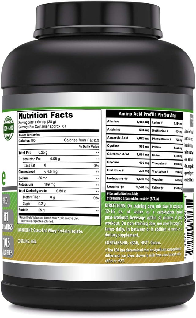 Amazing Formulas Grass-Fed Whey Protein Isolate - Unflavored 5 Lbs (2.26 Kg) - Non-Gmo - 25 G Protein - 81 Servings - 5.7 G Bcaas - 105 Calories