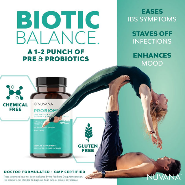 Nuvana Probiome | 100 Billion CFU | 14 Probiotic Strains with Prebiotic Fiber for Adult Men & Women