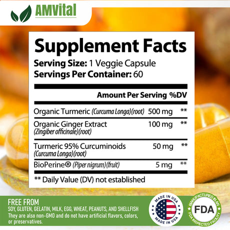 Amvital Turmeric Capsules with Ginger & Bioperine, Natural Joint Support, Tumeric Extract Supplement