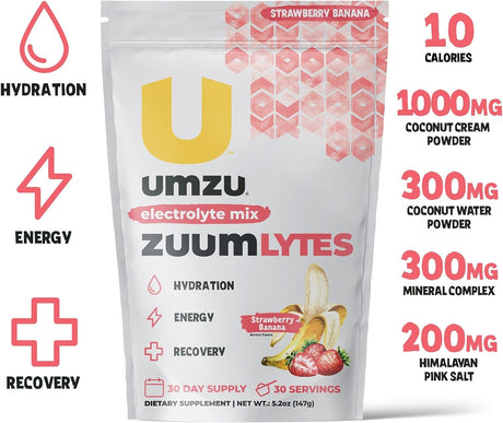 UMZU ZUUM Lytes - Electrolyte Drink Powder, Energy, Hydration, Workout Recovery Support, B Vitamins, Vitamin C, Zinc, Strawberry Banana Flavor (1 Scoop per Serving, 30 Servings)