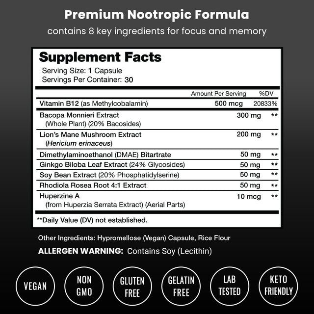 Nutrachamps Neuraspark Premium Brain Supplement for Focus, Memory & Mental Energy - Nootropic Brain Booster for Performance - Ginkgo Biloba, St John'S Wort, DMAE, Rhodiola & More - 30 Capsules