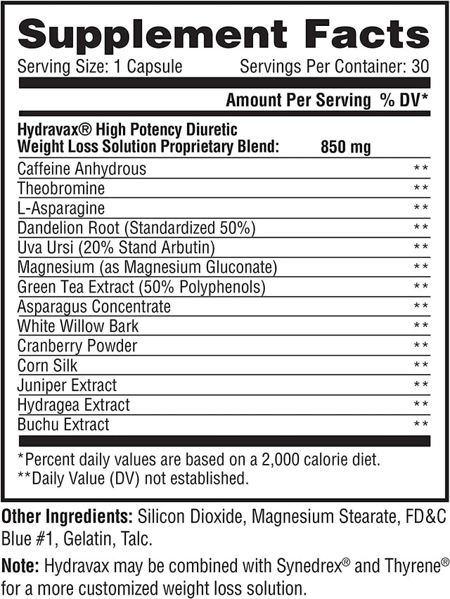 Metabolic Nutrition, Hydravax - Premium Diuretic Water Pills, Natural & Safe, Eliminates Water Retention, with Dandelion, Magnesium, Green Tea Extract, Cranberry Powder, 30 Capsules, 1 Dose Daily