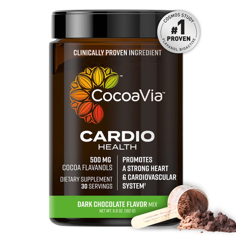 Cocoavia Cardio Health Cocoa Powder, 30 Servings, 500Mg Cocoa Flavanols, Support Heart Health, Boost Nitric Oxide, Improve Circulation, Energy, Preworkout, Vegan, Dark Chocolate Cacao