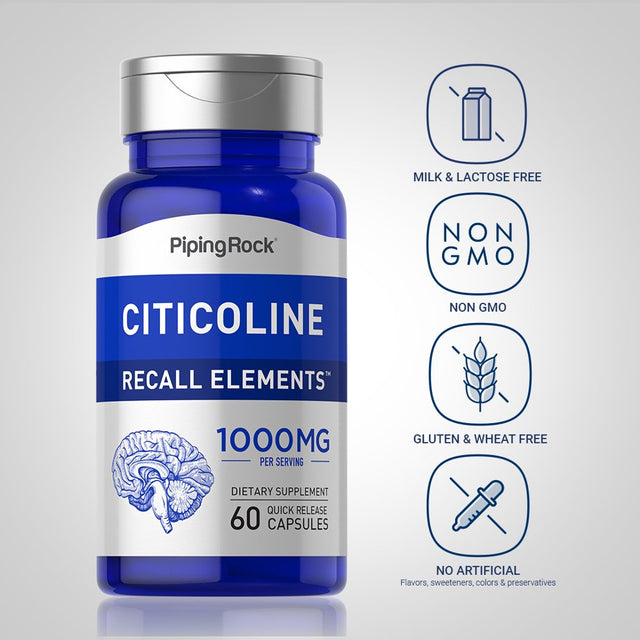 Citicoline (Recall Elements) 500 Mg | 60 Quick Release Capsules | Non-Gmo, Gluten Free | by Piping Rock