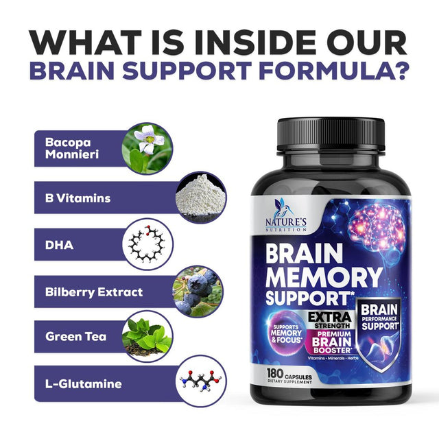 Nootropic Brain Supplement for Memory, Focus & Concentration | Cognitive Support Brain Booster Supplement with Phosphatidylserine & DMAE Bacopa | Brain Vitamins for Men & Women, Non-Gmo- 180 Capsules