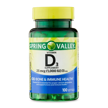 Spring Valley Vitamin D3 Bone & Immune Health Dietary Supplement Softgels, 25 Mcg (1,000 IU), 100 Count