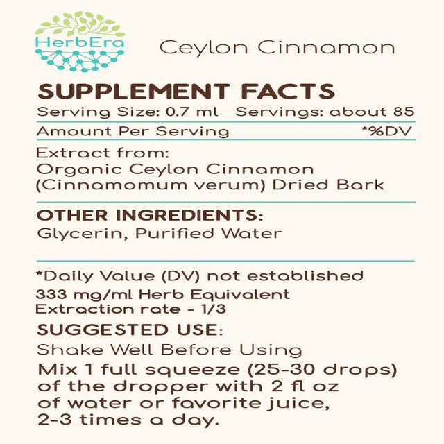 Ceylon Cinnamon Alcohol-Free Herbal Extract Tincture, Super-Concentrated Organic Ceylon Cinnamon (Cinnamomum Verum) Dried Bark 2 Oz