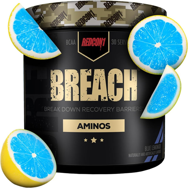 REDCON1 Breach Bcaas, Blue Lemonade - Keto Friendly + Sugar Free Essential Amino Acids for Recovery - Contains Bcaas L-Leucine, L-Isoleucine & L-Valine (30 Servings)