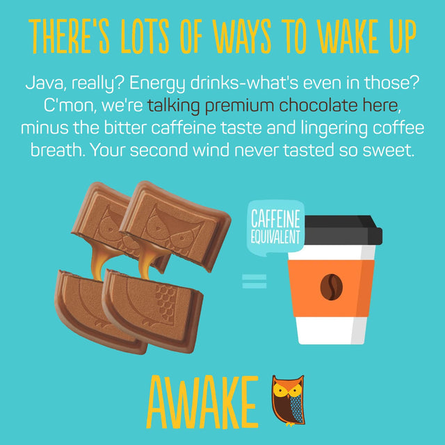 AWAKE - Caffeinated Chocolate Bites - Coffee Alternative - Low Calorie Snacks - Bite Size Energy Bars - 50Mg of Caffeine in Each Bite - Non GMO - Low Carb - Gluten Free - Caramel Chocolate - 30 Bites