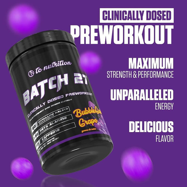 Batch 27 Pre Workout Powder - 8G Citrulline, 3.5G Beta Alanine, 2.5G Betaine, 325Mg Caffeine | Instant Energy, Focus, Pumps, Strength | Nitric Oxide Booster & Powerful Preworkout 20Sv Bubblegum Grape