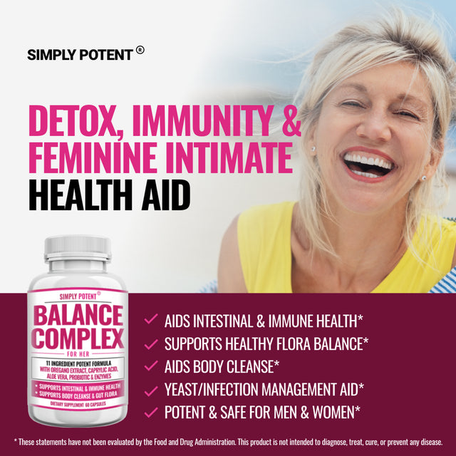 Balance Complex for Women, Candida Cleanse & Vaginal Health Dietary Supplement, Natural Formula with Oregano, Caprylic Acid, Aloe, Probiotics & Enzymes for Gut & Immune Health Support, 60 Capsules