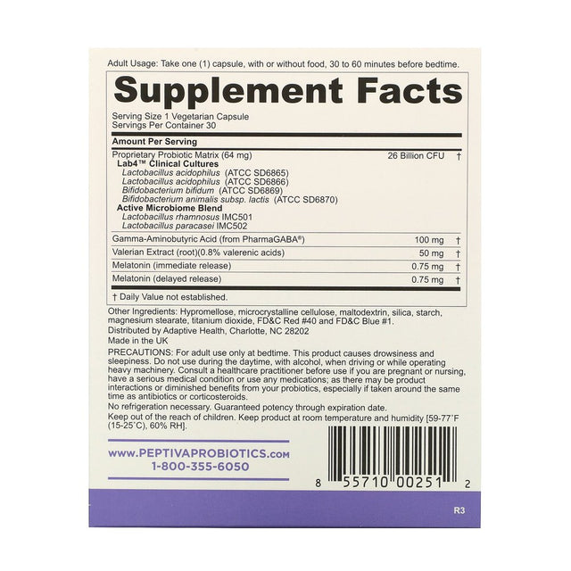 Peptiva 26 Billion CFU Probiotic and Sleep Support - Clinically Validated Multi-Strain Probiotic - Lactobacillus and Bifidobacterium, Melatonin, 30Ct