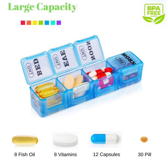 Pill Organizer 4 Times a Day,Weekly Pill Box Medicine Organizer Box 7 Days 28 Compartment to Hold Vitamins, Medication