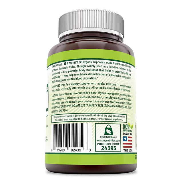 Herbal Secrets Triphala (3 Fruits) 500 Mg 250 Veggie Capsule (Non-Gmo) - Raw, Vegan- Gluten-Free, Plant-Based Nutrition - a Balancing Formula to Supports Cell Regeneration, Detoxification*