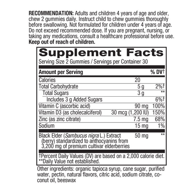 Nature'S Way Sambucus Elderberry Immune Gummies, with Vitamins C, D3, & Zinc, Unisex, 60 Ct