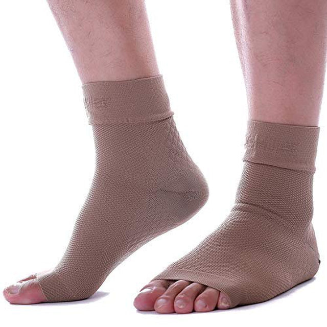 Doc Miller Ankle Compression Sleeve - Heel Brace for Heel Pain - Plantar Fasciitis Foot Wrap for Ankle Support and Neuropathy Relief - 1 Pair Tan Skin Plantar Fasciitis Wrap - Medium Size