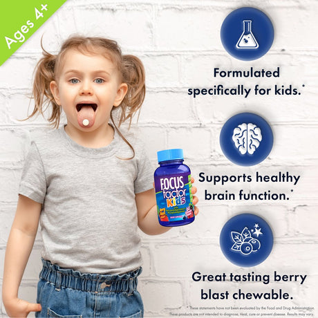 Focus Factor Kids Chewable Daily Vitamin, 60 Count, Brain Health Support with Vitamin B12, C & D3