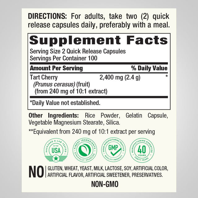 Ultra Tart Cherry, 2400 Mg (Per Serving) | 200 Quick Release Capsules | Non-Gmo, Gluten Free | by Piping Rock