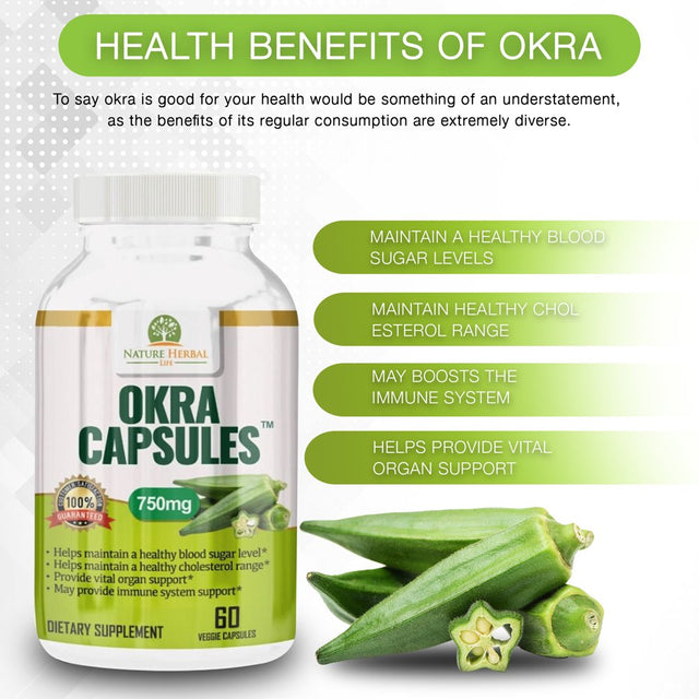 Okra Capsules. Blood Sugar Support Supplements (750Mg) 60 Veg Capsules. Antioxidant. Vitamin C. Support Digestion, Immune Booster, and Healthy Weight.