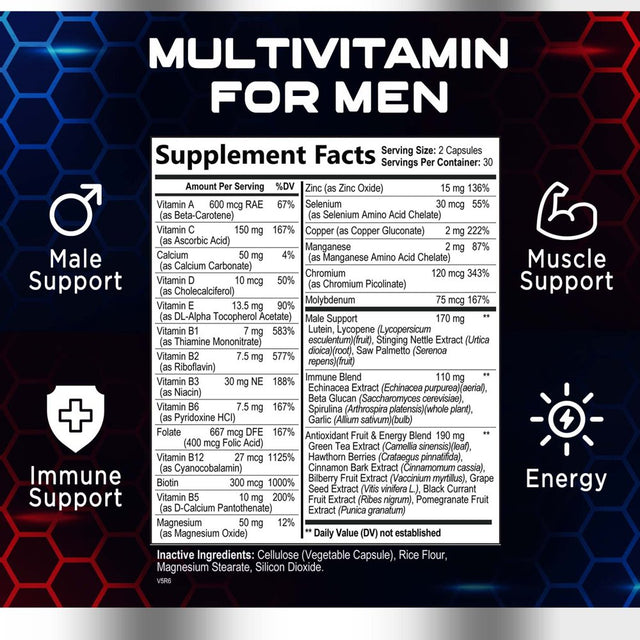 Multivitamin for Men | Men'S Daily Multi Vitamins A, C, D, E, B, Lycopene, Zinc, Calcium & More | Energy, Immune & Overall Health Support for Him | Adult Vitamin Multivitamins Supplement - 60 Capsules