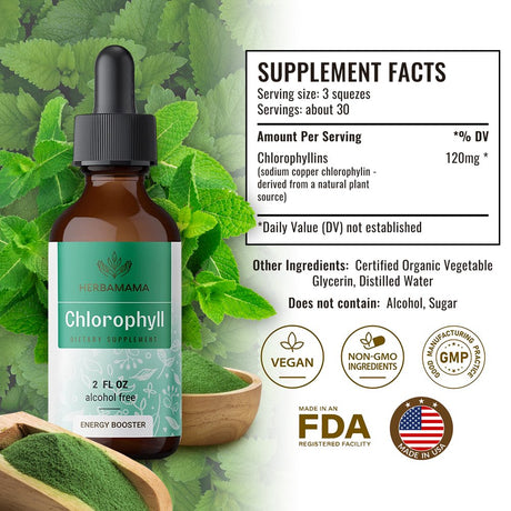 HERBAMAMA Chlorophyll Liquid Drops - Energy Booster, Digestion & Immune Support 2 Fl. Oz