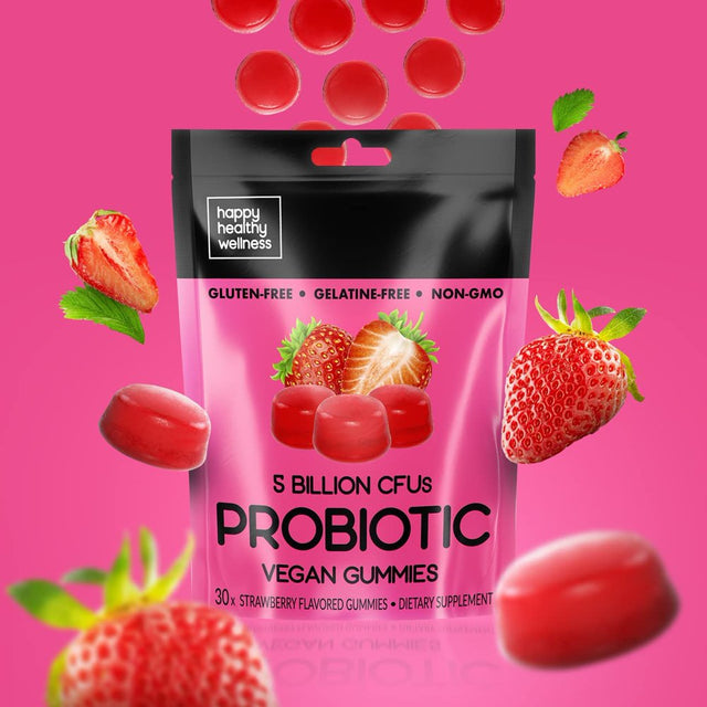 Happy Healthy Wellness Vegan Probiotics Gummies for Women 5 Billion Cfus 100% Natural Probiotics for Immune Support & Digestion - Gluten & Gelatine Free, Non-Gmo - Strawberry Flavor 30 Pcs