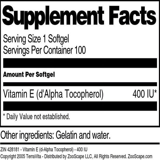 Terravita Vitamin E (D-Alpha Tocopherol) - 400 IU, (100 Softgels, 1-Pack, Zin: 428181)