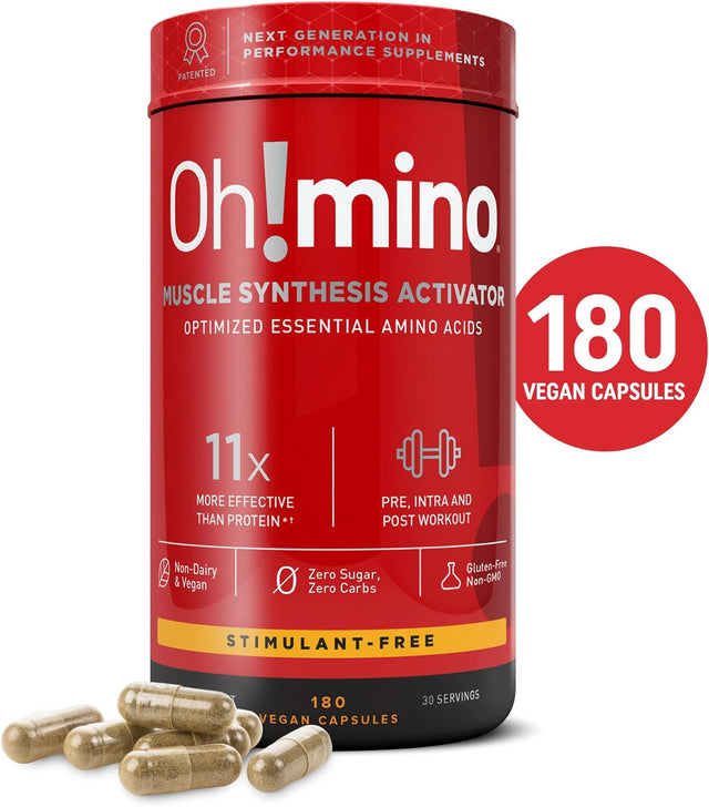 Oh!Mino Amino Acids Supplement, Ultimate Muscle Synthesis Activator, Pre and Post Workout Vitamins for Body Conditioning and Muscle Recovery, 180 Vegan Muscle Builder Capsules - Oh!Nutrition