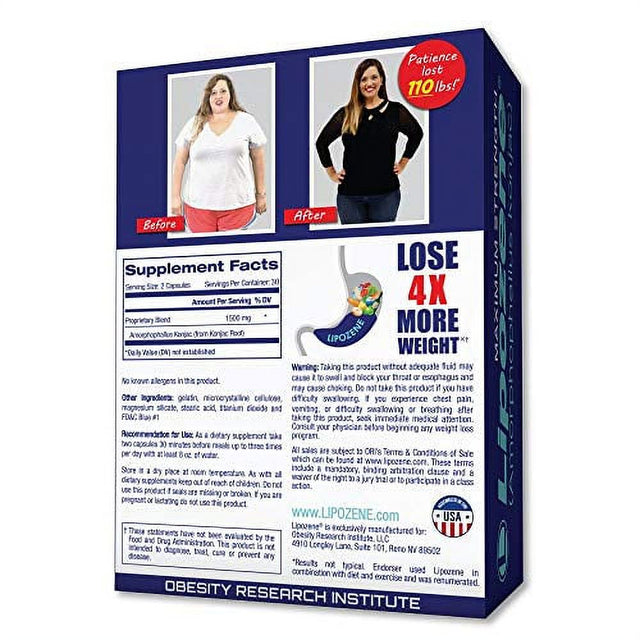 Lipozene - Weight Loss Supplement Diet Pills - Appetite Suppressant and Control - Two Bottles 60 Capsules Total