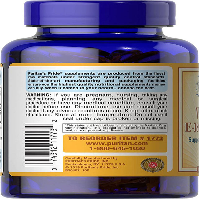 Puritan'S Pride Vitamin E-400 Iu (180 Mg) Supports Immune Health 250 Rapid Release Softgels