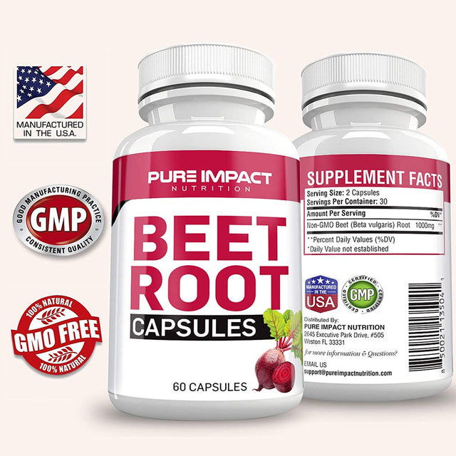 Pure Impact Nutrition Beet Root Capsules Nitric Oxide | Non-Gmo Beet Root Extract 1000Mg Beet Supplement | 60 Beet Capsules | Beetroot Supplement Capsules